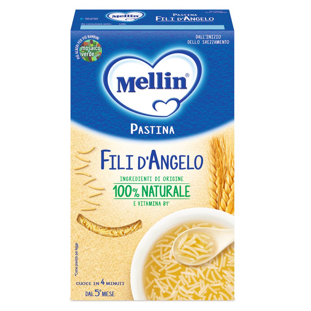 Blau-weiße Schachtel mit Mellin Pastina Fili d'Angelo. Enthält 100% natürliche Zutaten und Vitamin B1. Ab 5 Monaten.