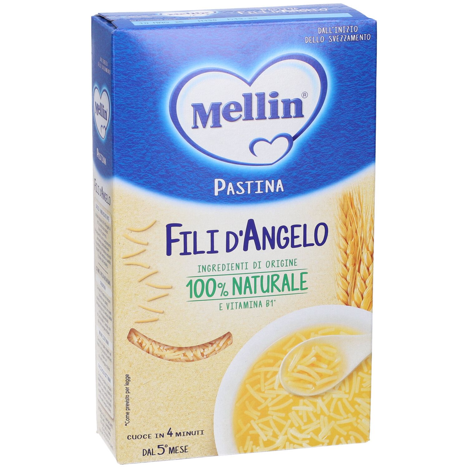 Blau-weiße Pappschachtel mit Mellin-Logo und Pastina Fili D'Angelo. Enthält 100% natürliche Zutaten und Vitamin B1. Ab 5 Monaten.
