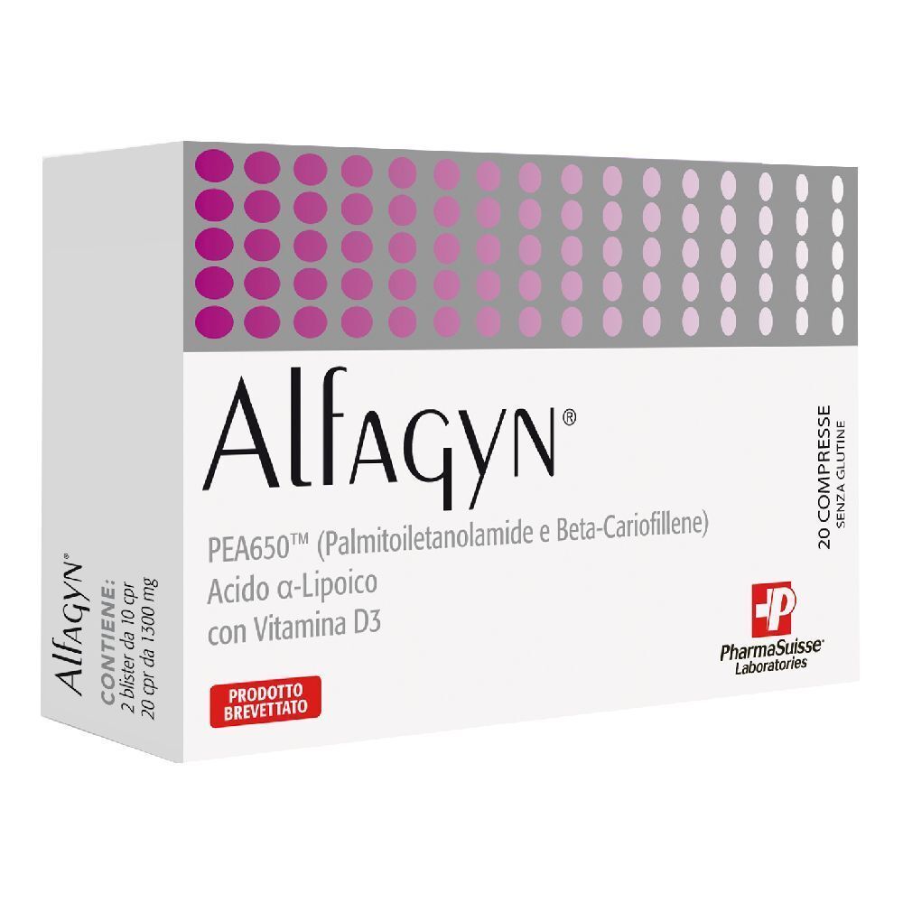 Scatola di Alfagyn 20 Compresse. Bianca con punti rosa e testo. Contiene PEA650, Acido a-Lipoico e Vitamina D3. PharmaSuisse Laboratories.