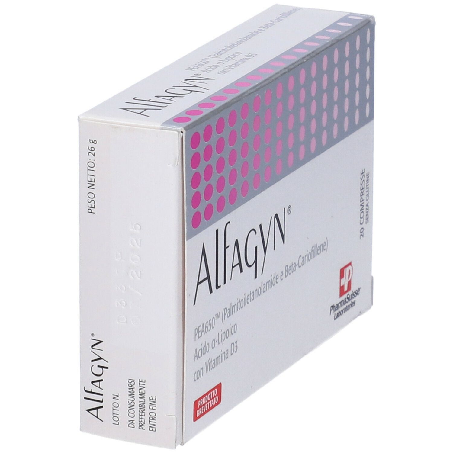 Scatola di Alfagyn 20 Compresse, in diagonale. Bianca con punti rosa e testo. Contiene PEA650, Acido a-Lipoico e Vitamina D3. PharmaSuisse Laboratories.
