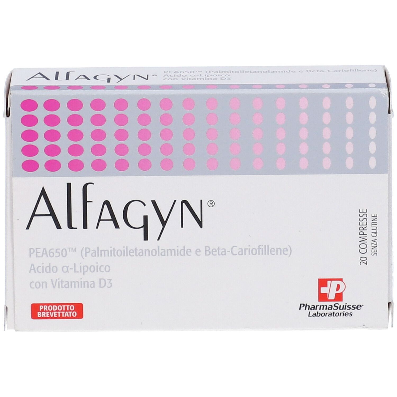 Scatola di Alfagyn 20 Compresse. Bianca con punti rosa e testo. Contiene PEA650, Acido a-Lipoico e Vitamina D3. PharmaSuisse Laboratories.