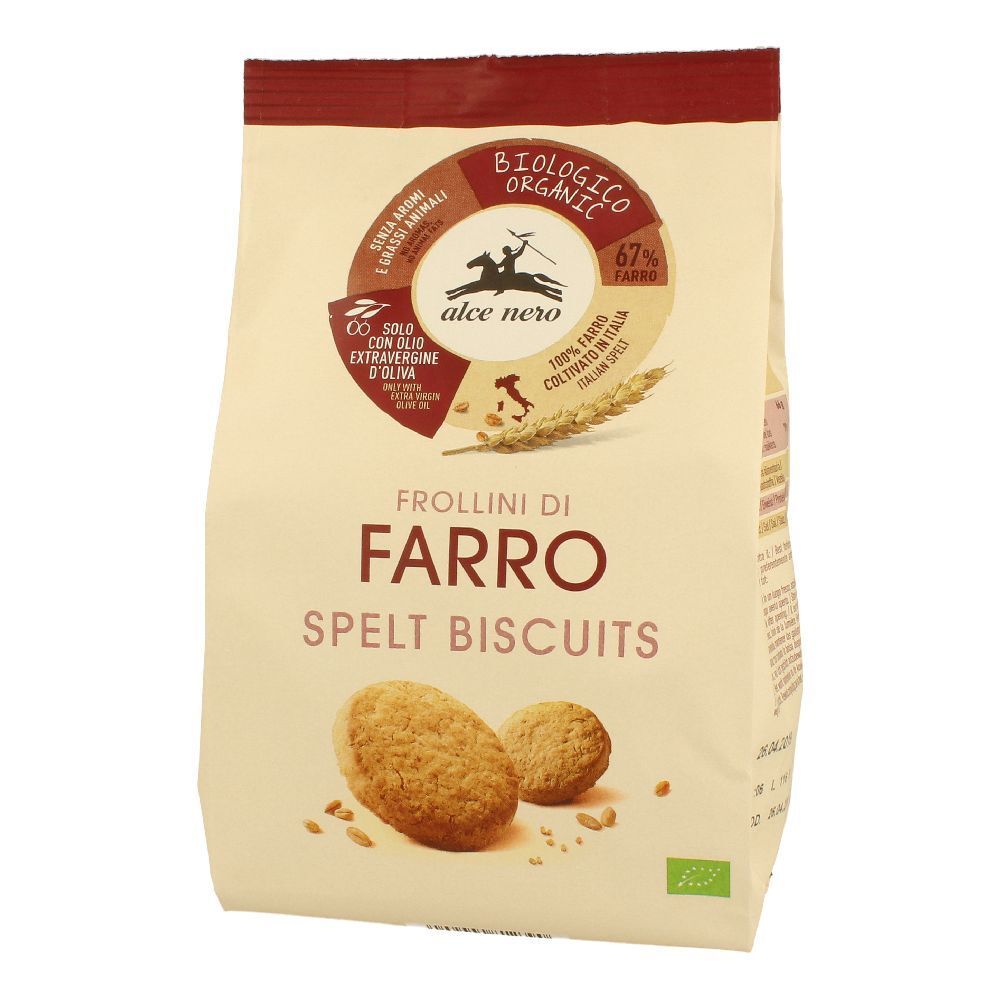 Confezione di Frollini di Farro, Spelt Biscuits. Scritta: Alce Nero, biologico, 67% Farro, senza aromi animali.
