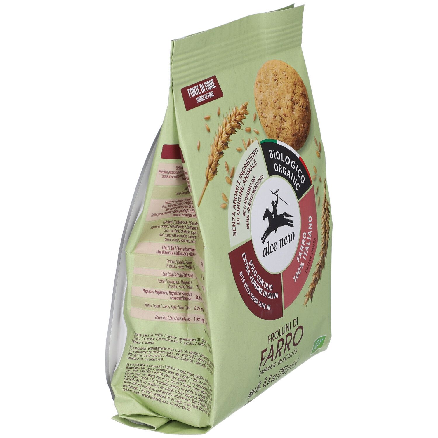 Confezione di Frollini di Farro, Emmer Biscuits. Scritta: Alce Nero, biologico, 100% Farro, fonte di fibre.