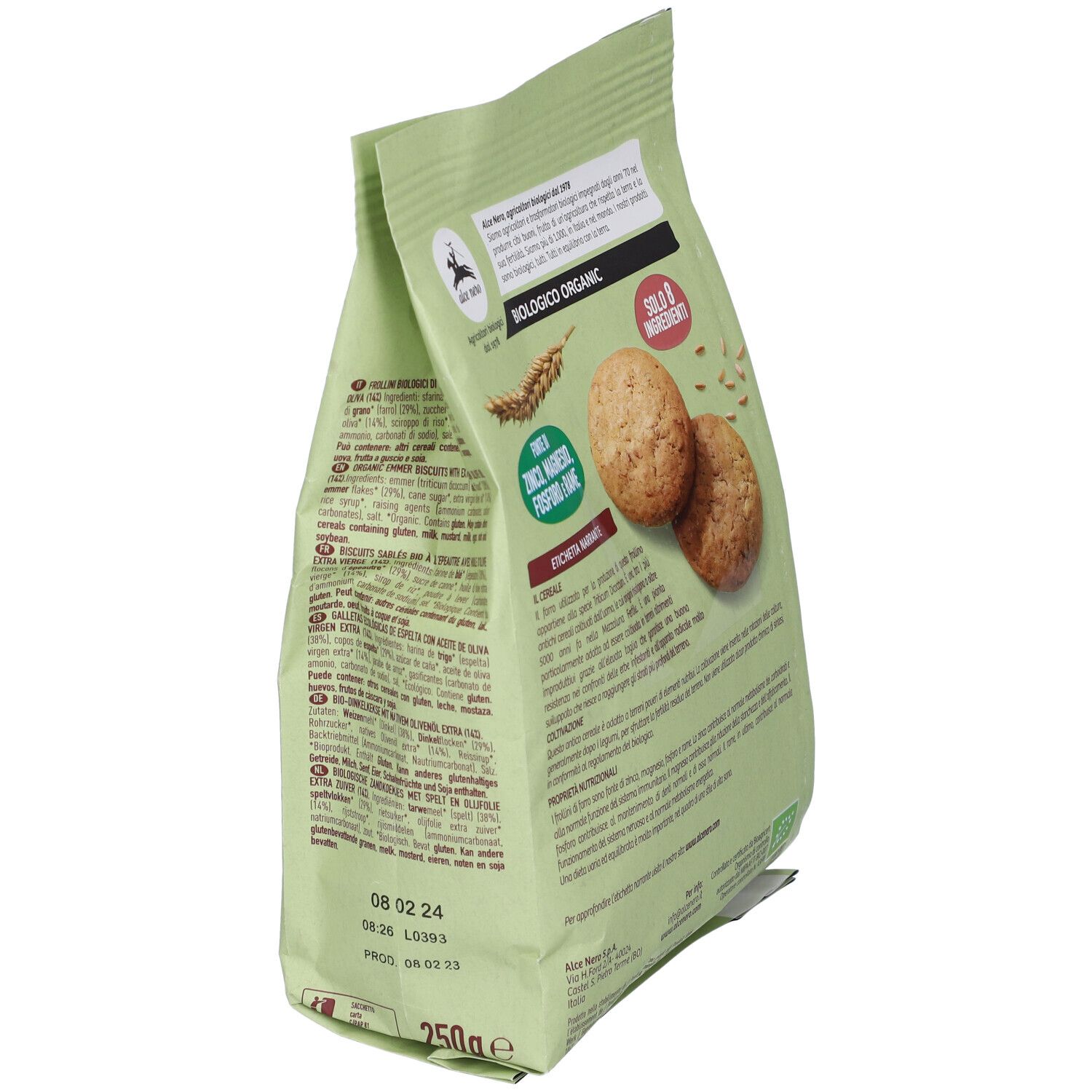 Vista laterale della confezione di Frollini di Farro. Scritta: Alce Nero, biologico, 100% Farro, fonte di fibre.