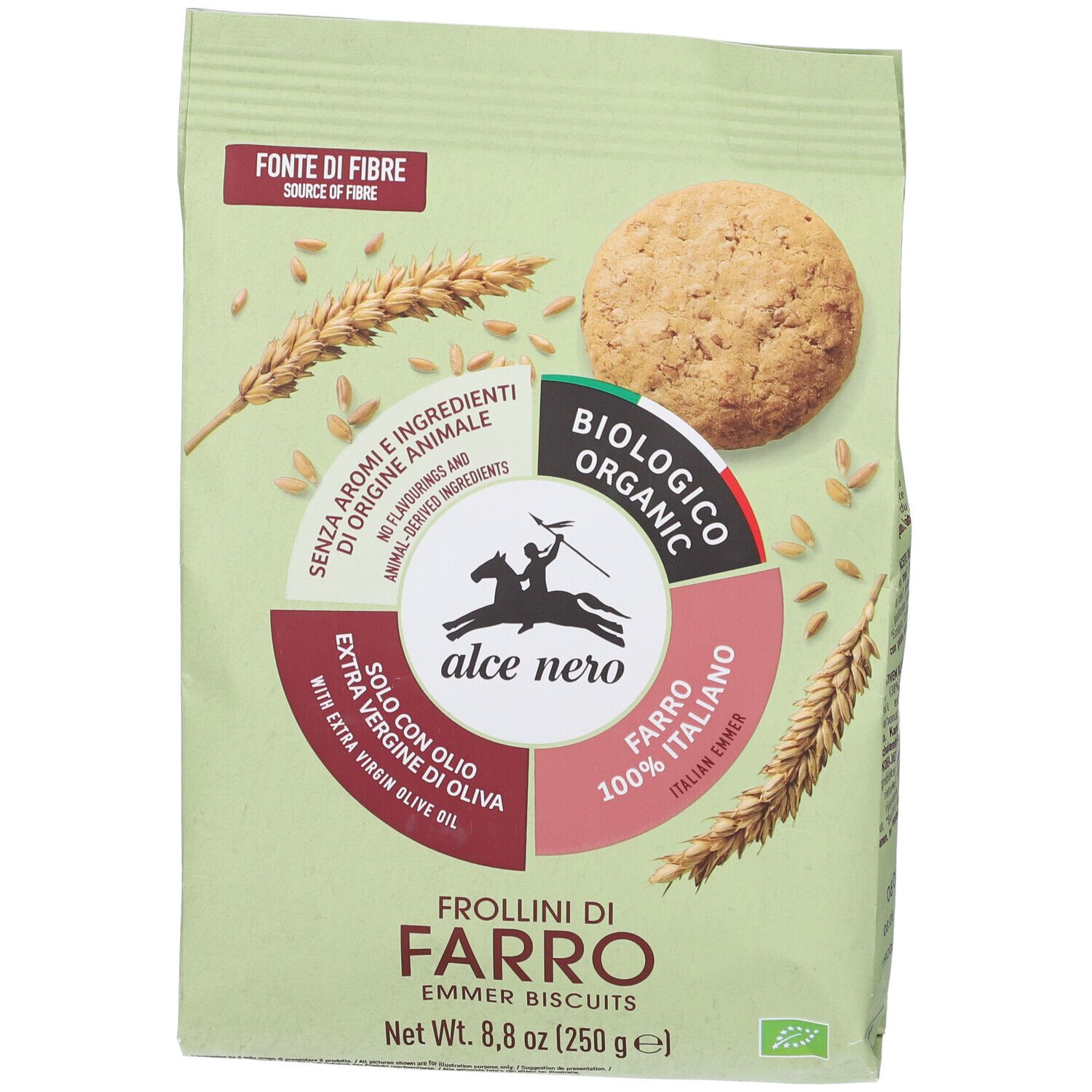 Confezione di Frollini di Farro, Emmer Biscuits. Scritta: Alce Nero, biologico, 100% Farro, fonte di fibre.