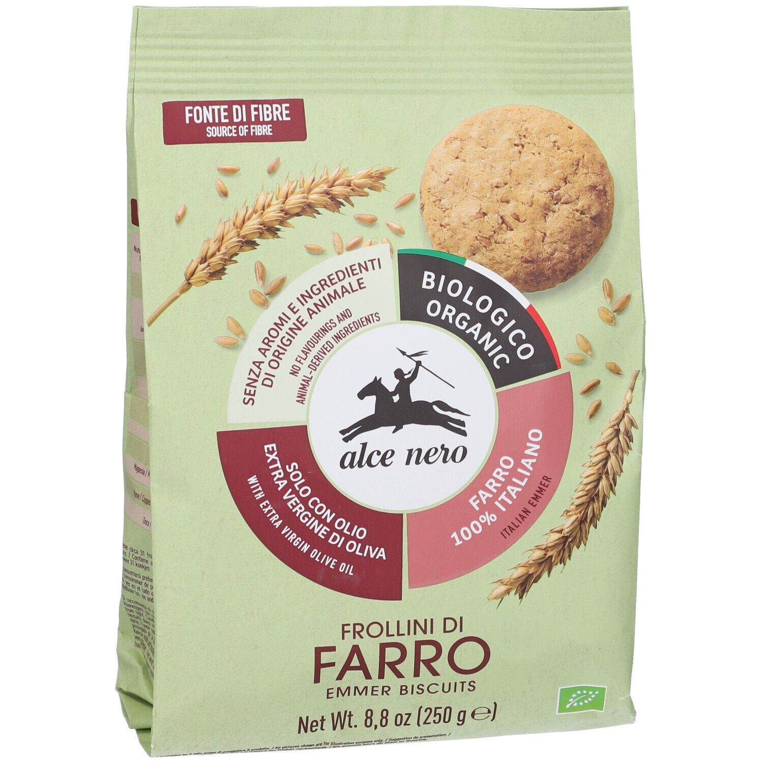 Confezione di Frollini di Farro, Emmer Biscuits. Scritta: Alce Nero, biologico, 100% Farro, fonte di fibre.
