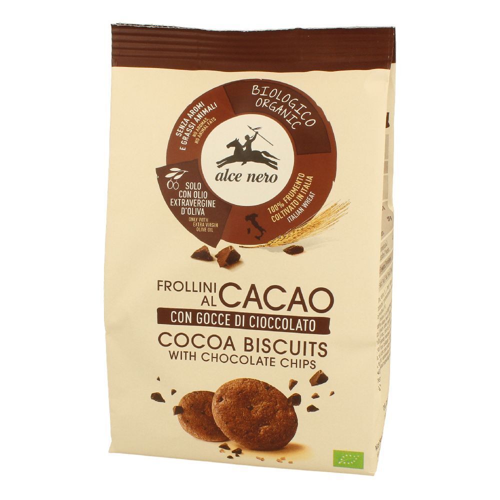 Confezione di biscotti al cacao con gocce di cioccolato. Logo biologico. Scritta: Frollini al Cacao.
