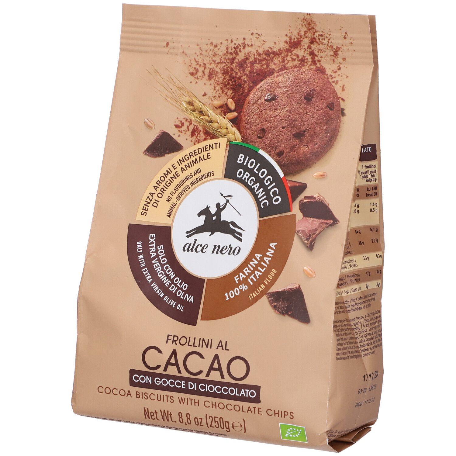 Confezione di biscotti al cacao con gocce di cioccolato. Logo biologico. Scritta: Frollini al Cacao.