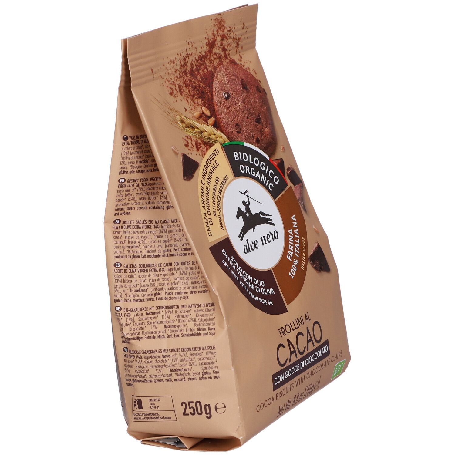 Confezione di biscotti al cacao con gocce di cioccolato. Logo biologico. Scritta: Frollini al Cacao.