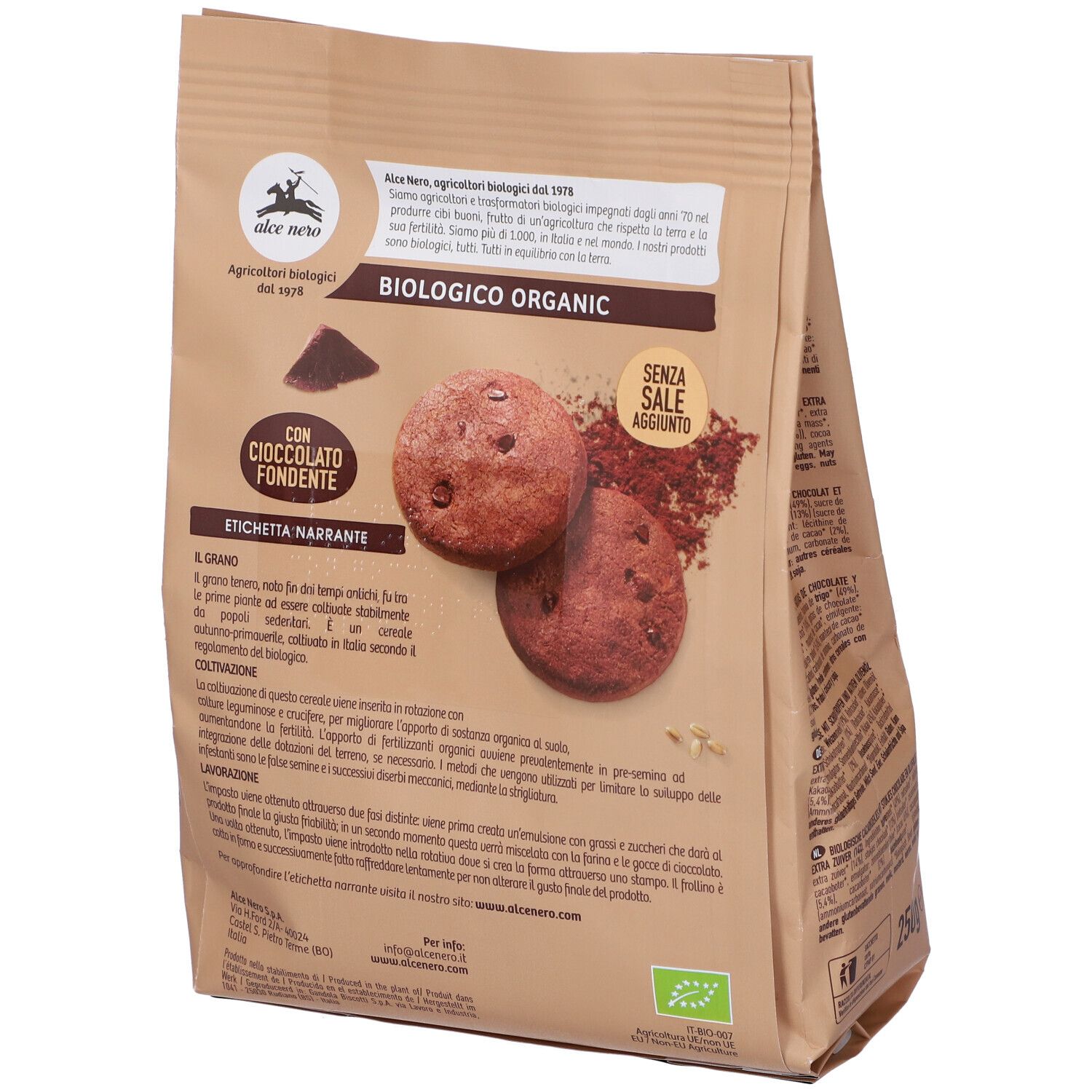 Confezione di biscotti al cacao con gocce di cioccolato. Logo biologico. Scritta: Frollini al Cacao.