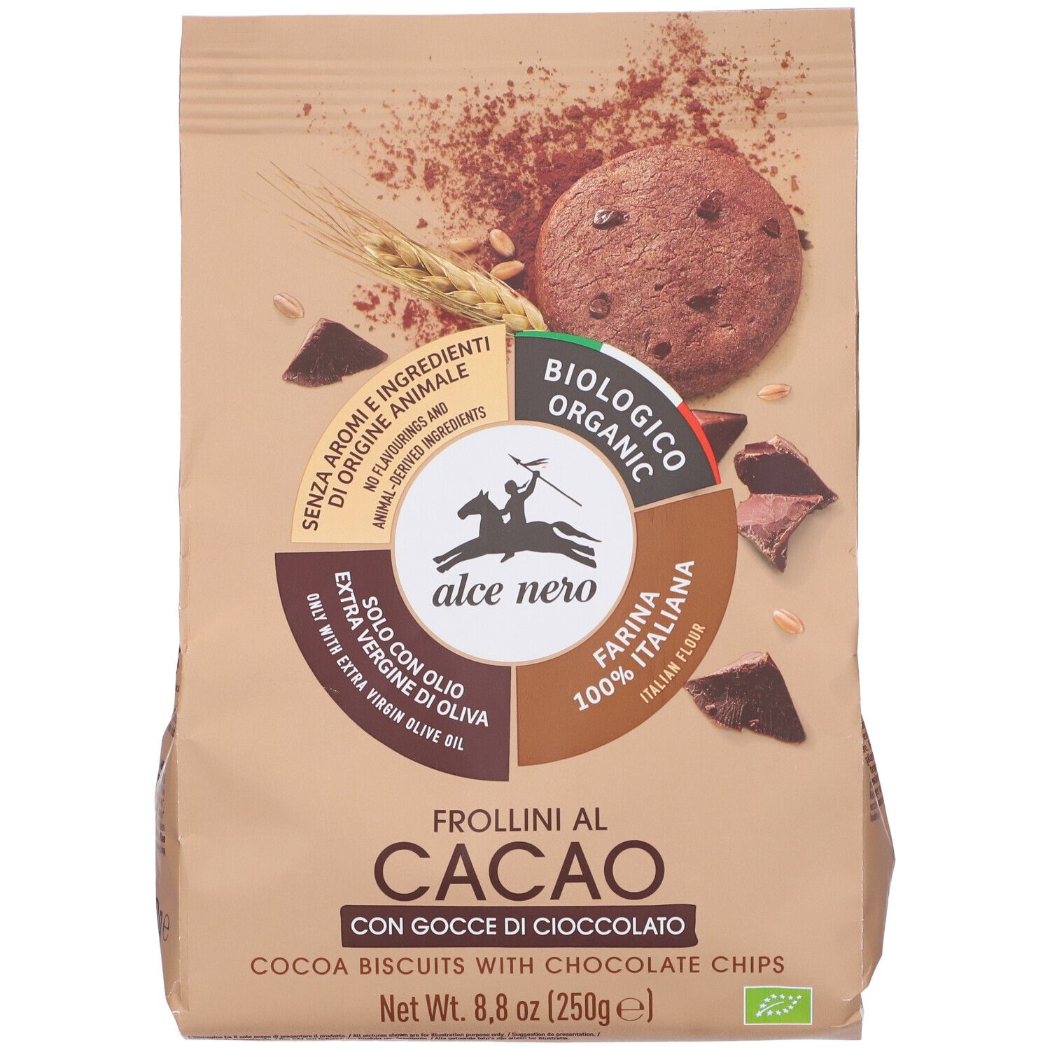 Confezione di biscotti al cacao con gocce di cioccolato. Logo biologico. Scritta: Frollini al Cacao.