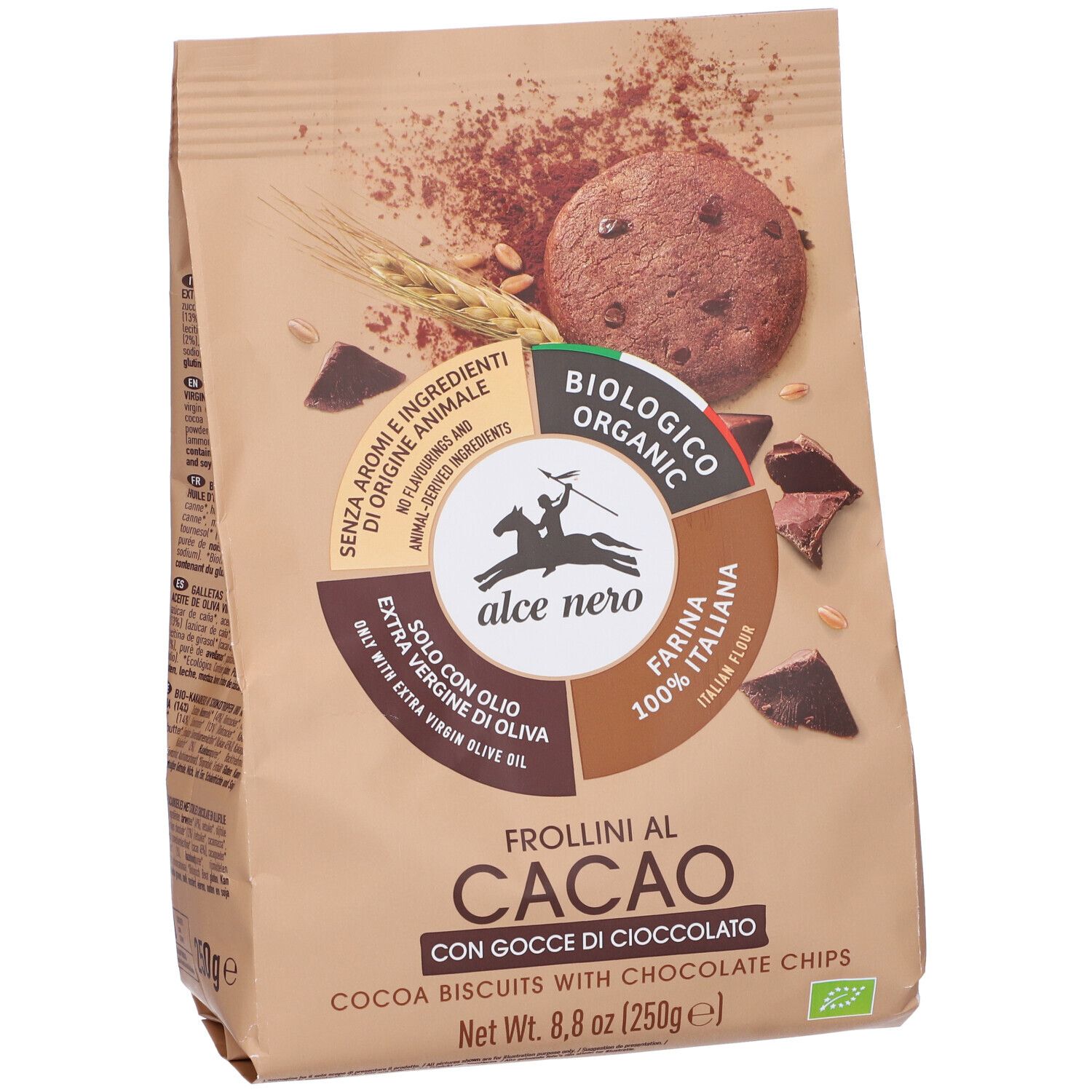 Confezione di biscotti al cacao con gocce di cioccolato. Logo biologico. Scritta: Frollini al Cacao.
