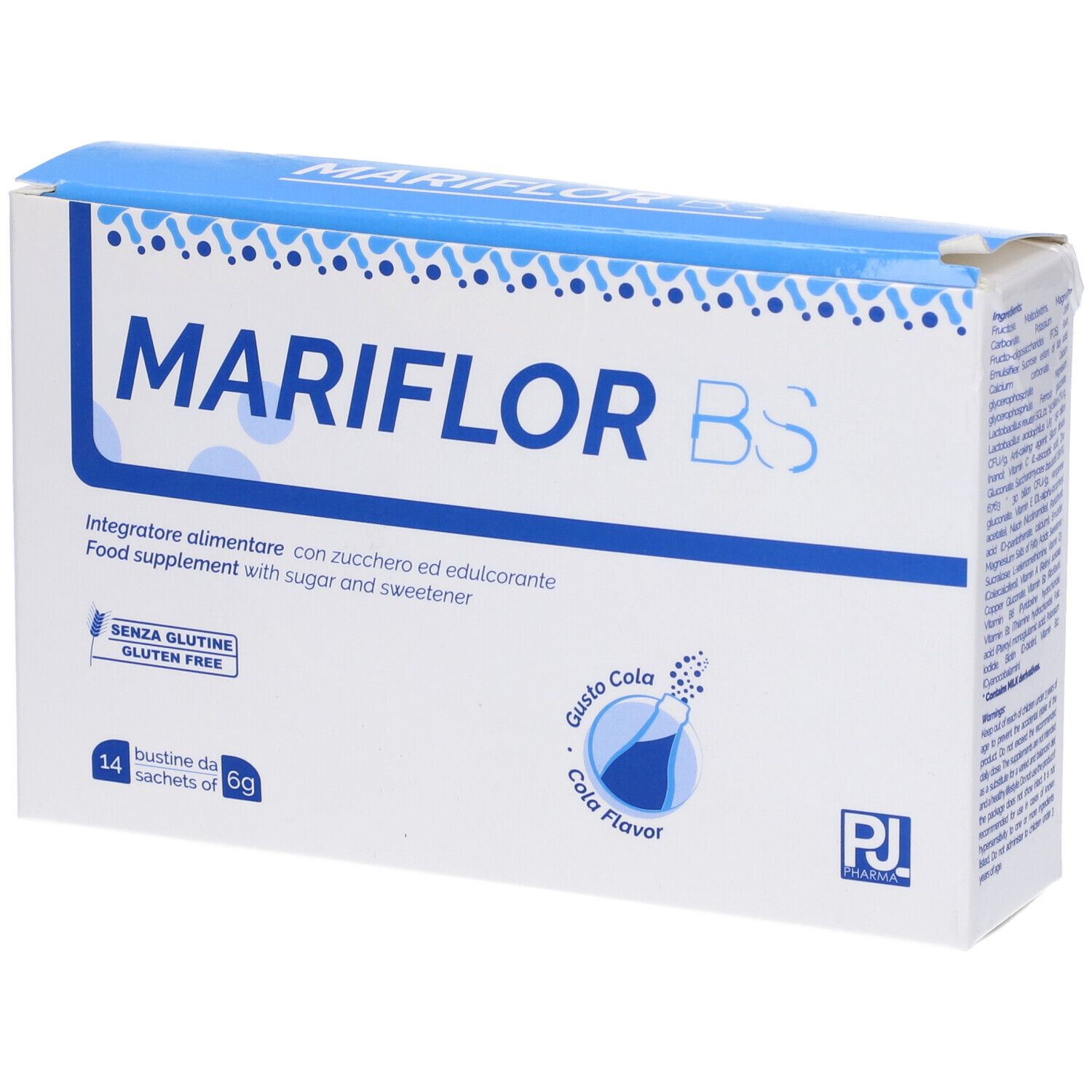 Scatola MARIFLOR BS. Contiene 14 bustine. Senza glutine. Gusto cola. Marchio PJ Pharma.