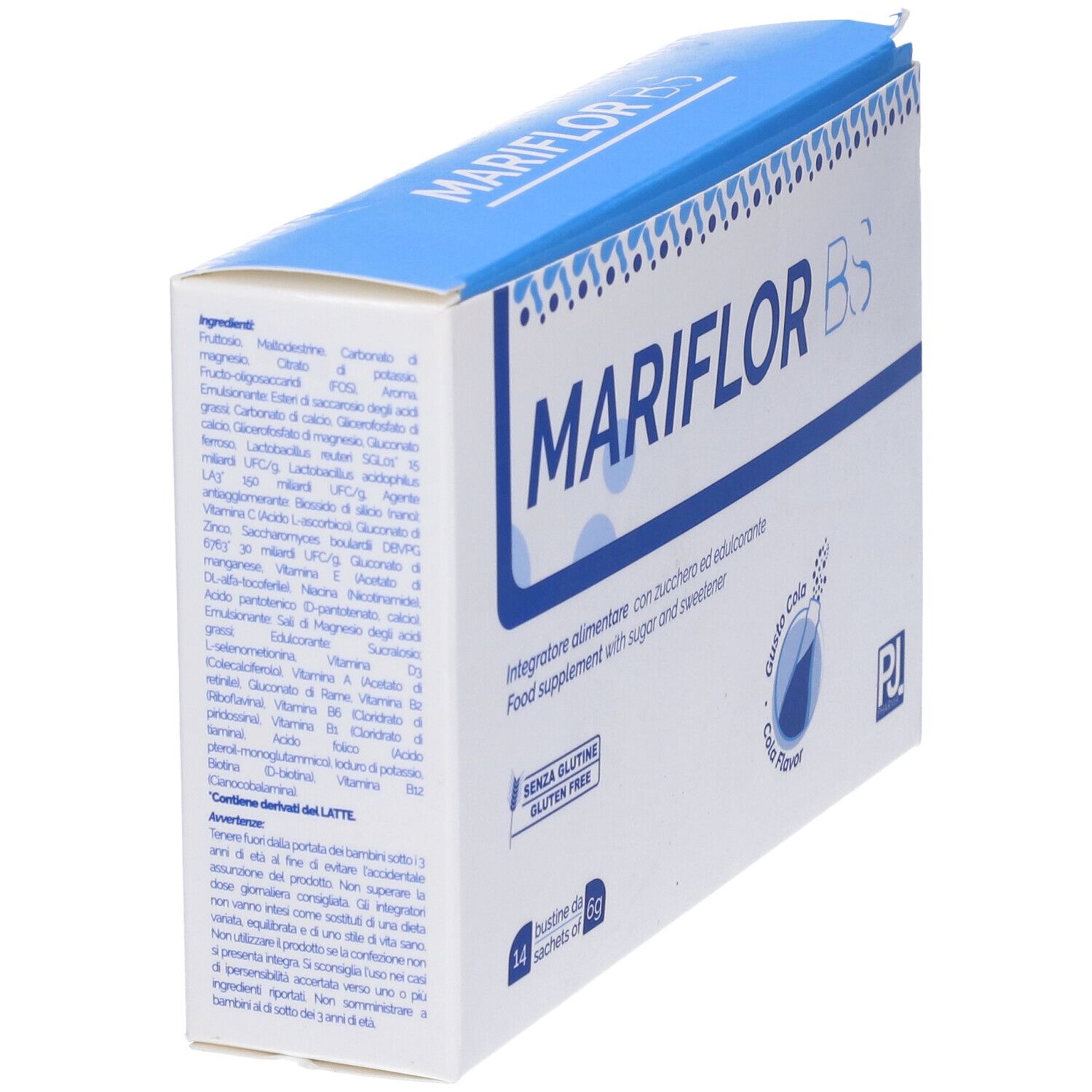 Scatola MARIFLOR BS. Contiene ingredienti e informazioni nutrizionali. Senza glutine. Marchio PJ Pharma.
