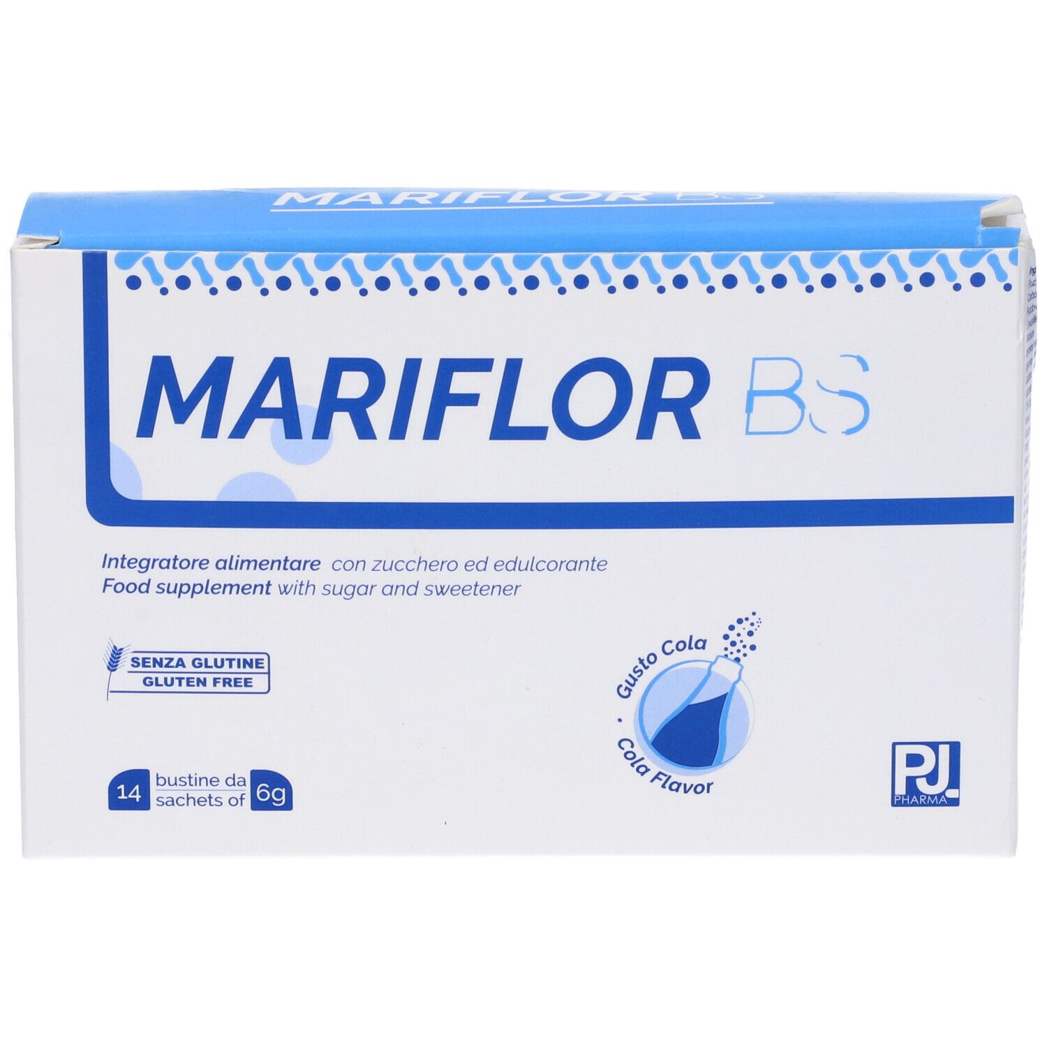 Scatola MARIFLOR BS. Contiene 14 bustine. Senza glutine. Gusto cola. Marchio PJ Pharma.