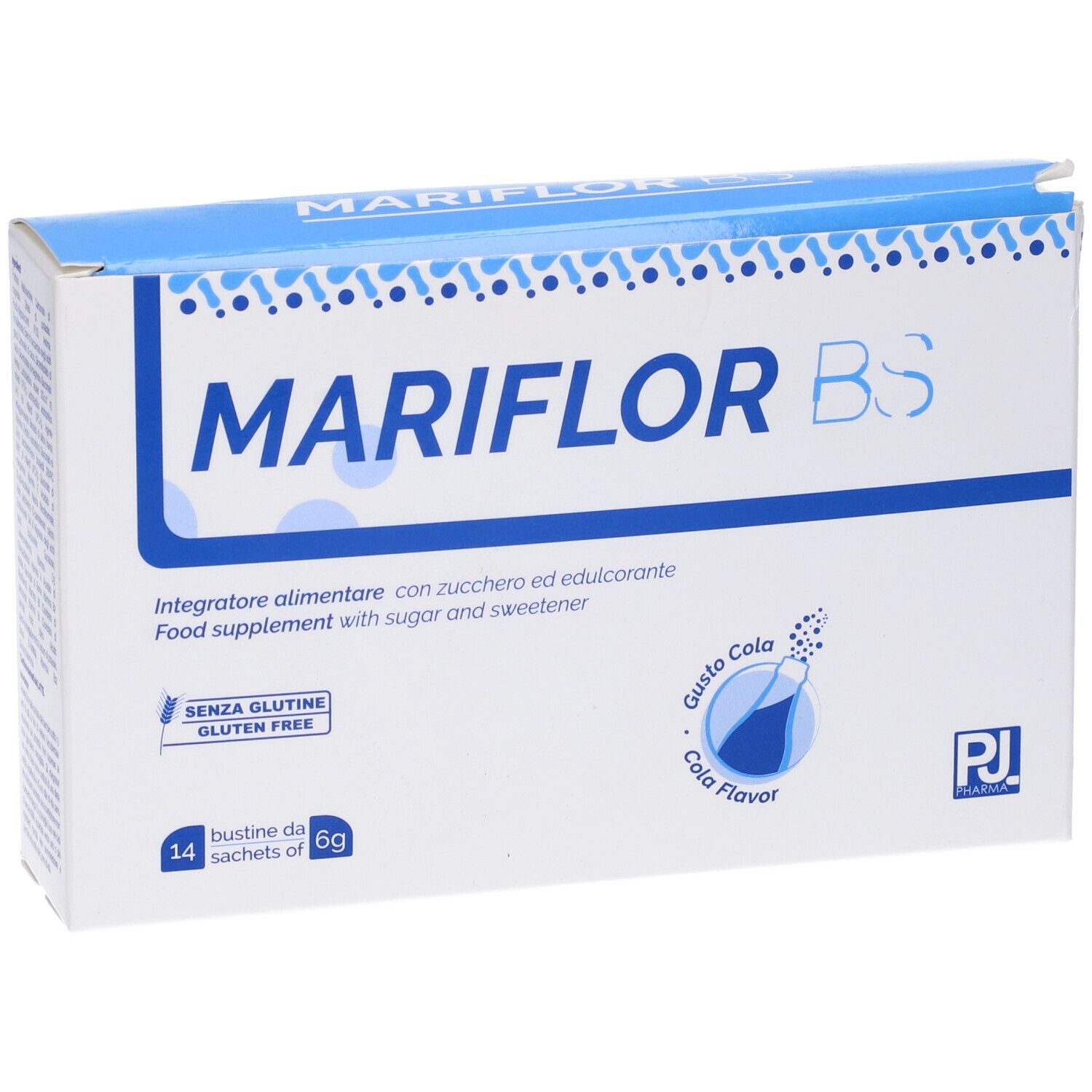 Scatola MARIFLOR BS. Contiene 14 bustine. Senza glutine. Gusto cola. Marchio PJ Pharma.