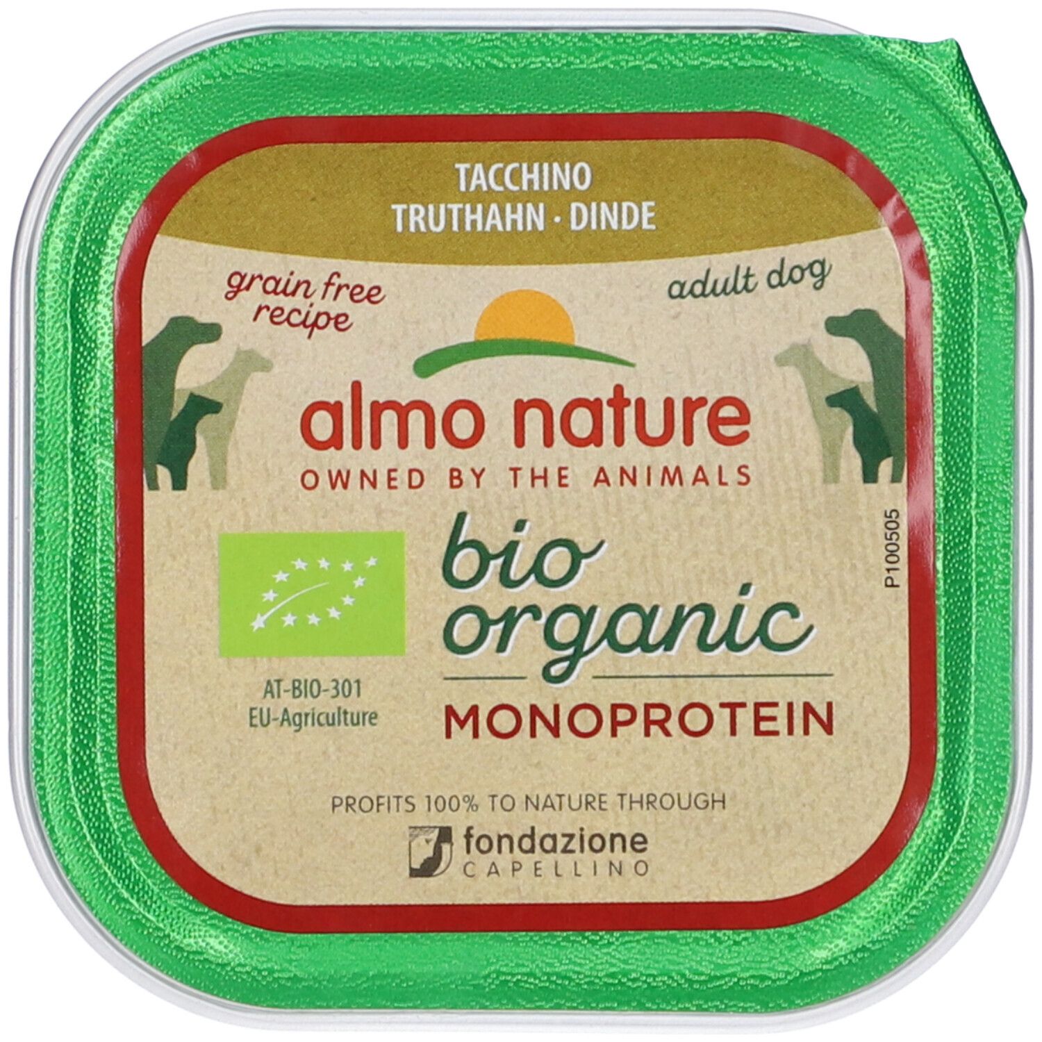 Confezione verde con scritta 'Almo Nature Bio Organic Monoprotein Tacchino'. Logo bio UE. 'Grain free recipe' e 'adult dog'.