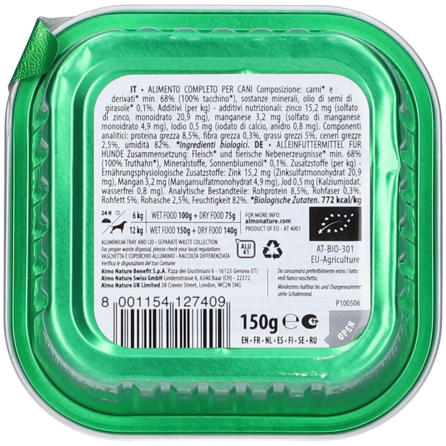 Retro confezione con lista ingredienti e informazioni nutrizionali. 'Almo Nature' e logo bio UE. 150g. Vassoio alluminio.