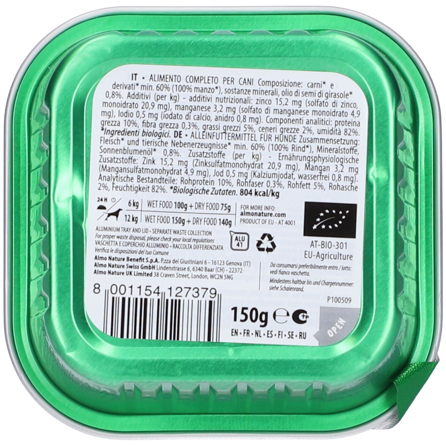 Retro della vaschetta verde. Testo multilingue. Contiene informazioni sugli ingredienti e il peso.