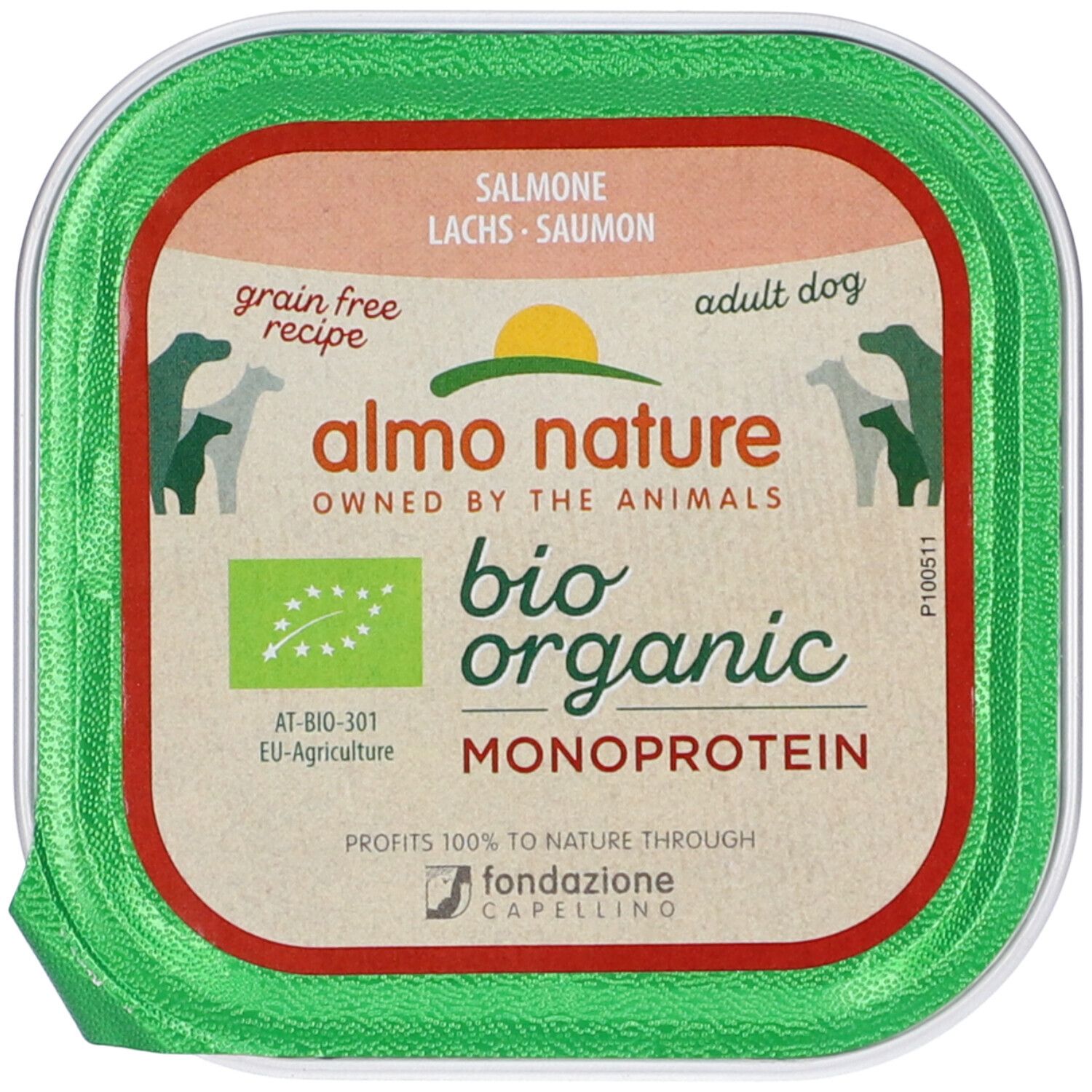 Confezione verde con scritta 'Almo Nature Bio Organic Monoprotein Salmone'. Certificazione biologica UE. 'Grain free recipe'.