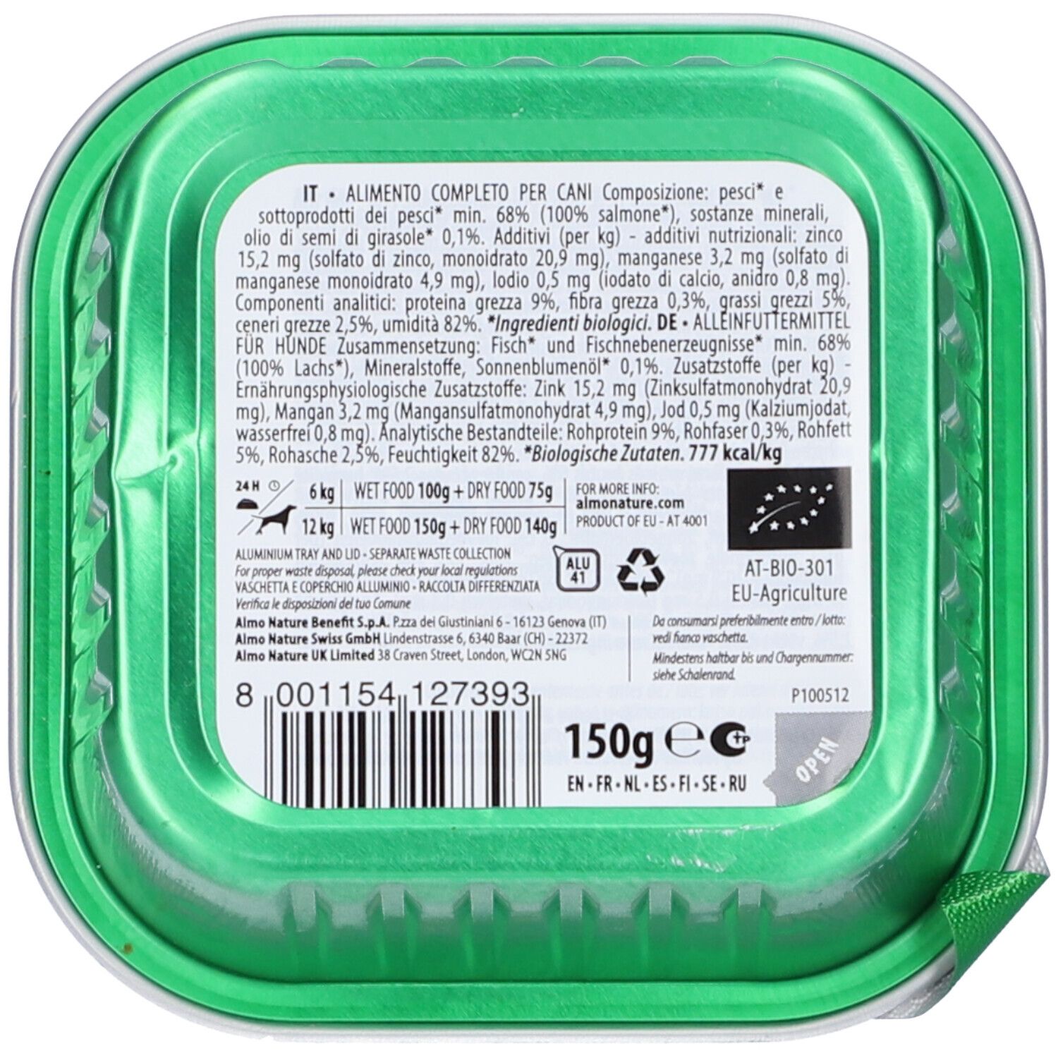 Retro della confezione con ingredienti, informazioni nutrizionali e certificazione biologica UE. Peso: 150g.