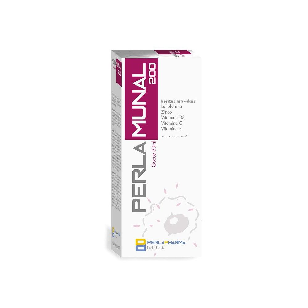 Confezione bianca con nome prodotto PERLA MUNAL 200. Contiene lattoferrina, zinco, vitamine D3, C ed E. Marchio: Perla Pharma. Formato: 30ml.