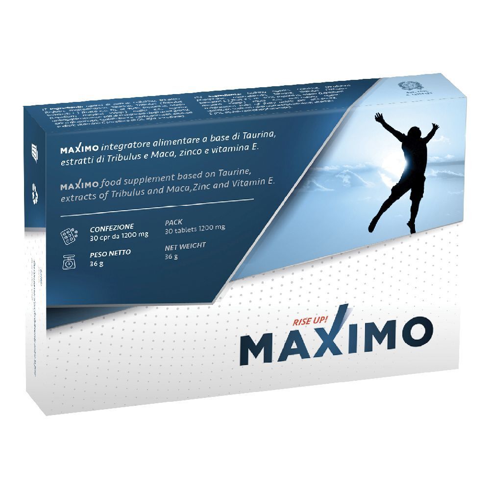 Confezione di Maximo 30 Compresse. Scatola blu e bianca con informazioni sul prodotto e silhouette.