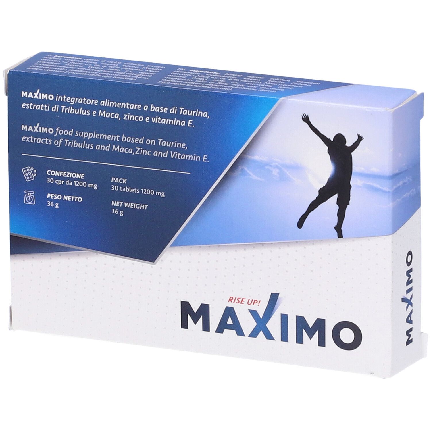 Confezione di Maximo 30 Compresse. Scatola blu e bianca con informazioni sul prodotto e silhouette.