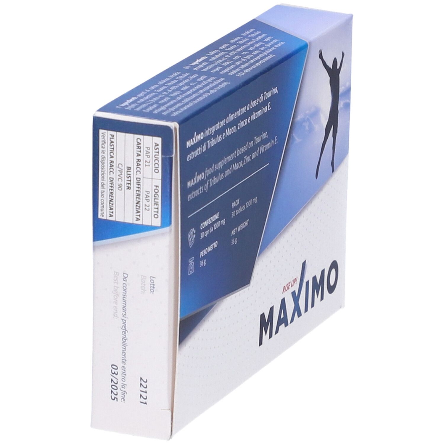 Confezione di Maximo 30 Compresse. Scatola blu e bianca con informazioni sul prodotto e silhouette.