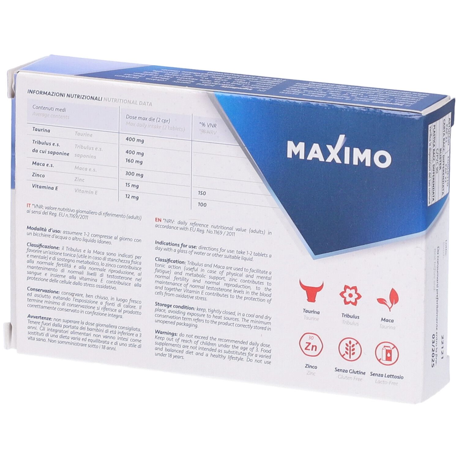 Retro della confezione Maximo 30 Compresse. Contiene informazioni nutrizionali, ingredienti e loghi.