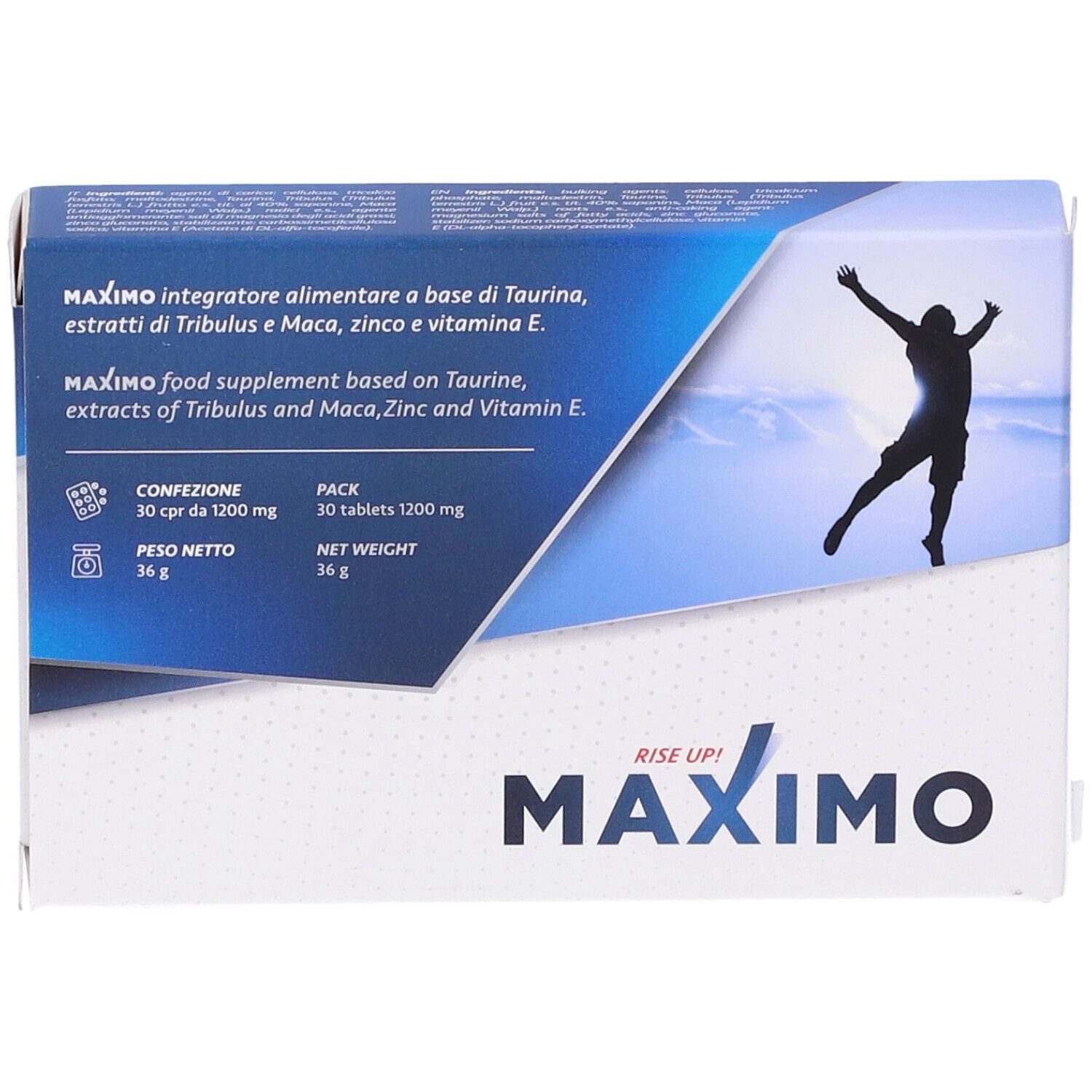 Confezione di Maximo 30 Compresse. Scatola blu e bianca con informazioni sul prodotto e silhouette.