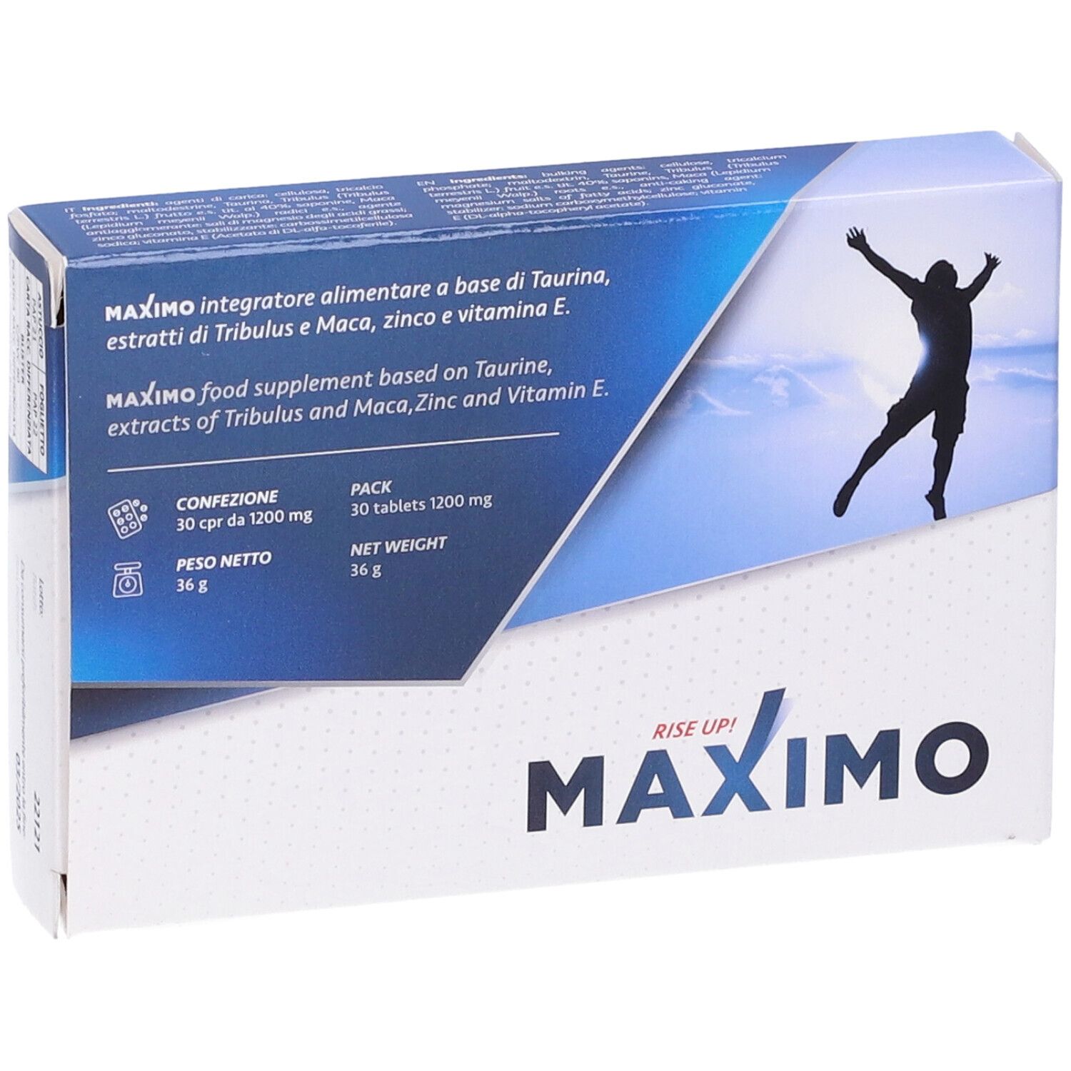Confezione di Maximo 30 Compresse. Scatola blu e bianca con informazioni sul prodotto e silhouette.