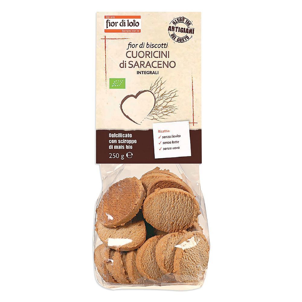 Confezione di biscotti a forma di cuore. Scritta: Fior di Loto, Cuoricini di Saraceno. Sigillo biologico.