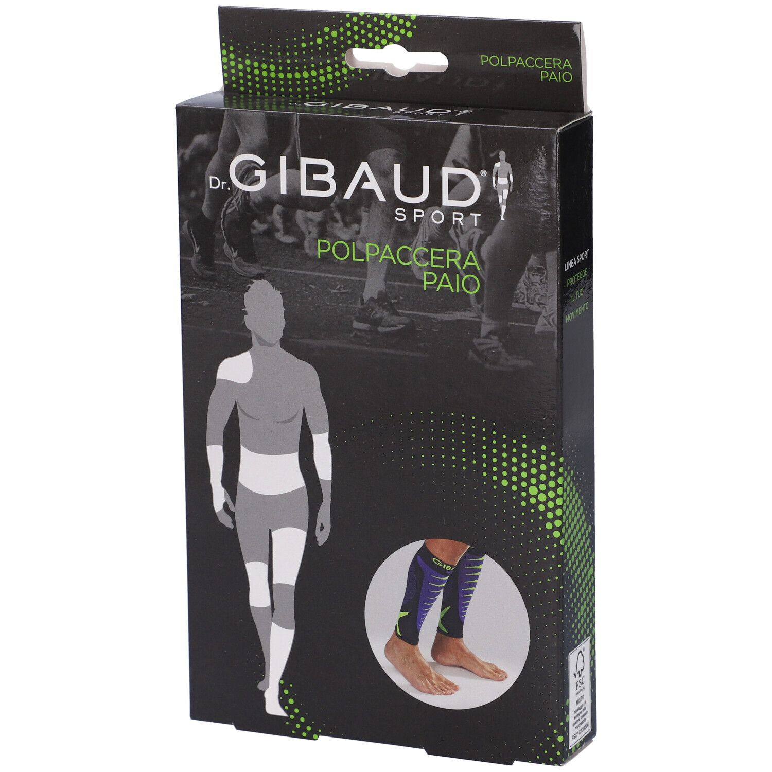 Verpackung von Dr. Gibaud Sport Polpaccera Paio. Schwarzer Karton mit Produktabbildung und Logo. Grün-weiße Akzente.