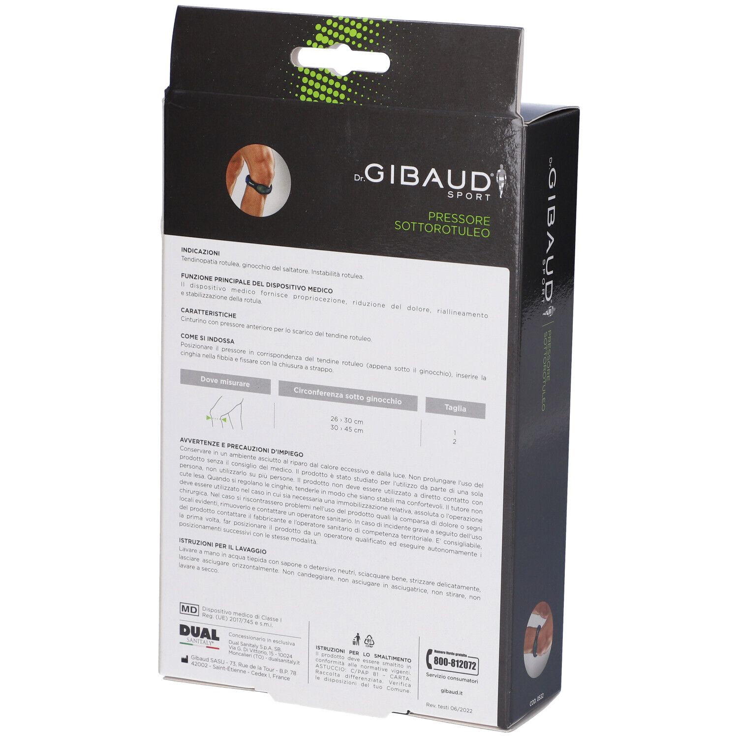 Verpackung für eine Patellasehnenbandage mit Abbildung eines Mannes und eines Knies.