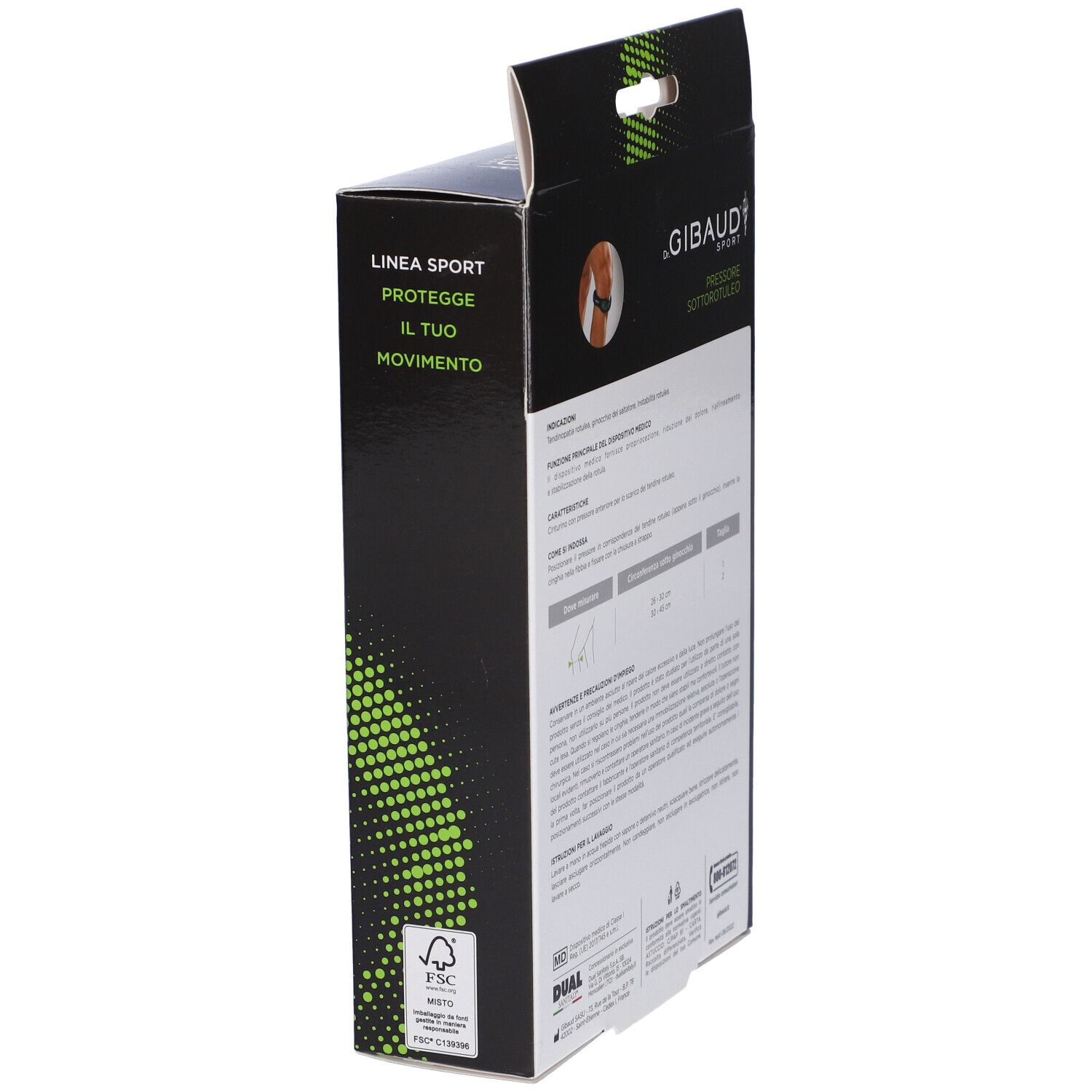 Verpackung für eine Patellasehnenbandage mit Abbildung eines Mannes und eines Knies.