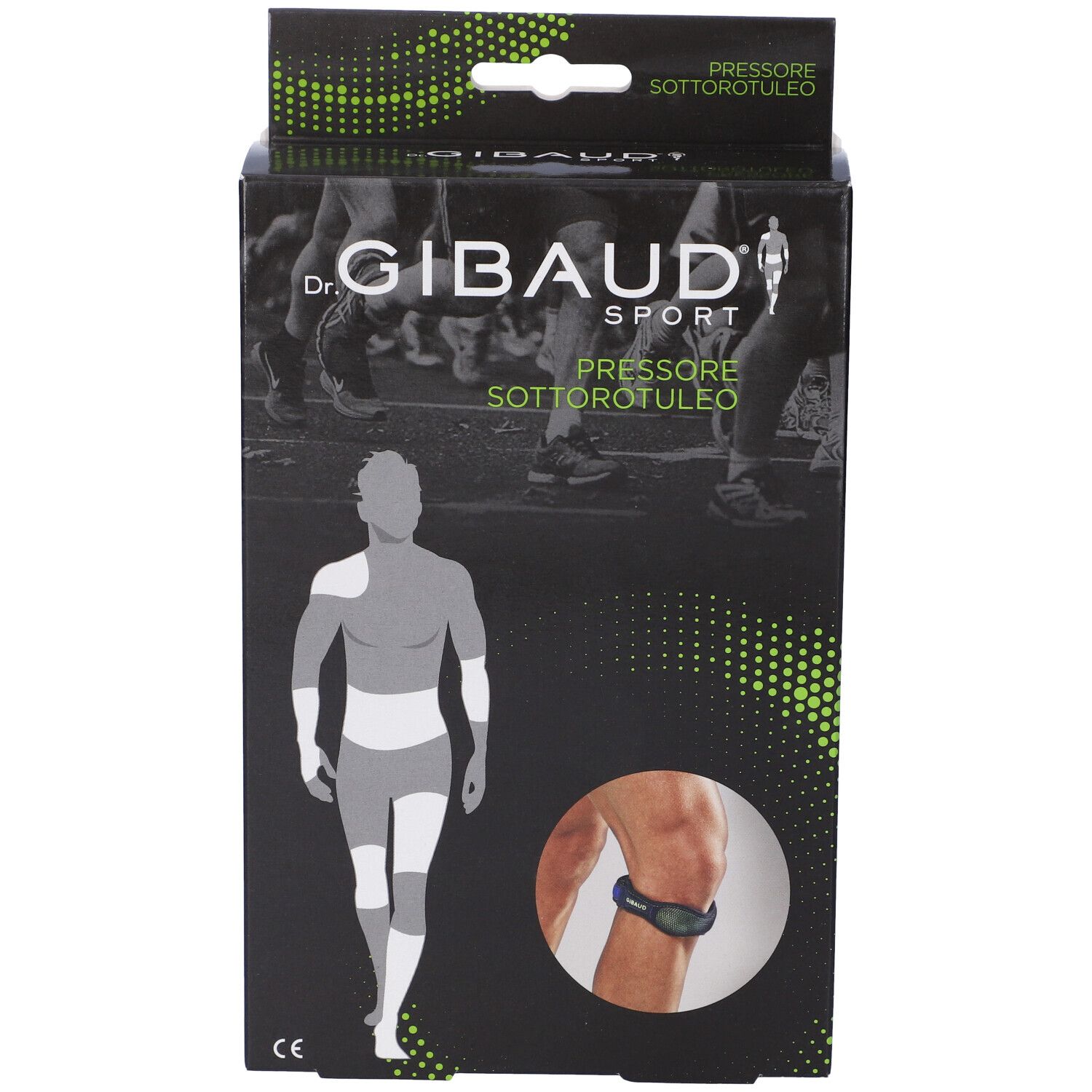 Verpackung für eine Patellasehnenbandage mit Abbildung eines Mannes und eines Knies.