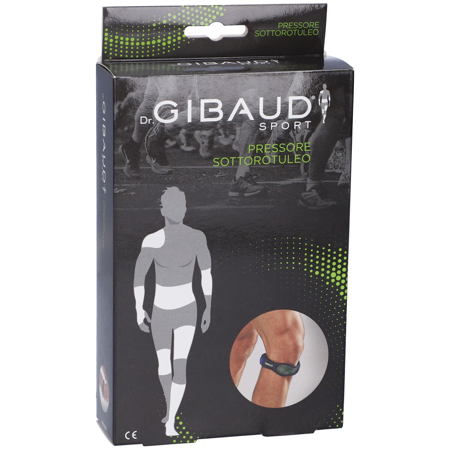 Verpackung für eine Patellasehnenbandage mit Abbildung eines Mannes und eines Knies.