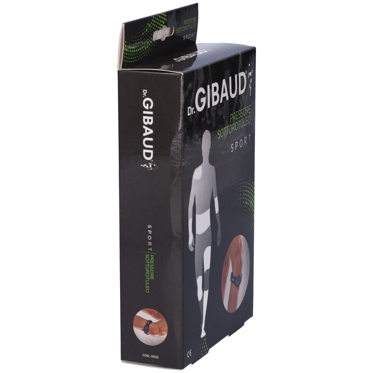 Seitenansicht der Verpackung von Dr. Gibaud Pressore Sottorotuleo Sport. Schwarze Schachtel mit Logo und Produktabbildung.