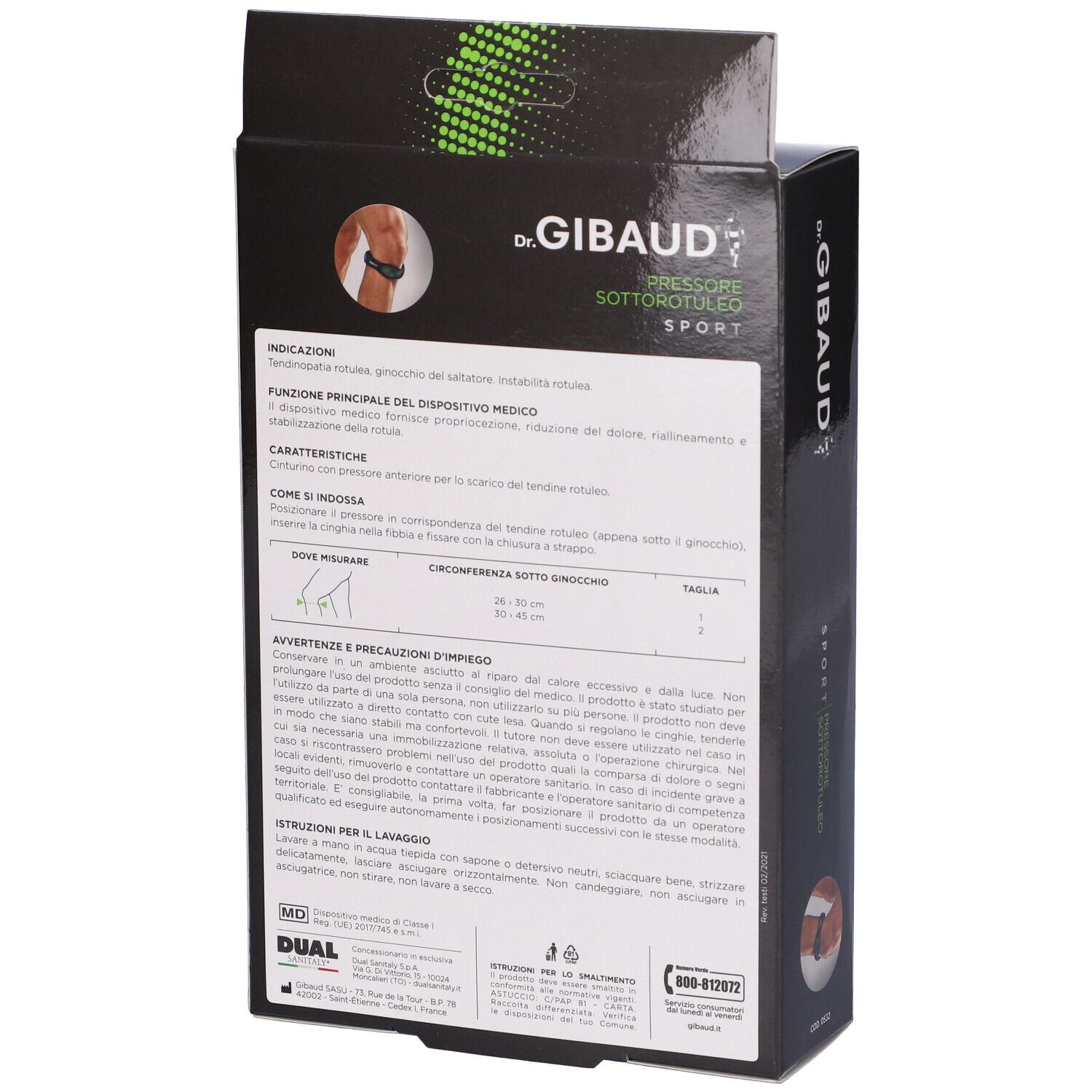 Rückseite der Verpackung von Dr. Gibaud Pressore Sottorotuleo Sport. Textinformationen und Produktabbildung.