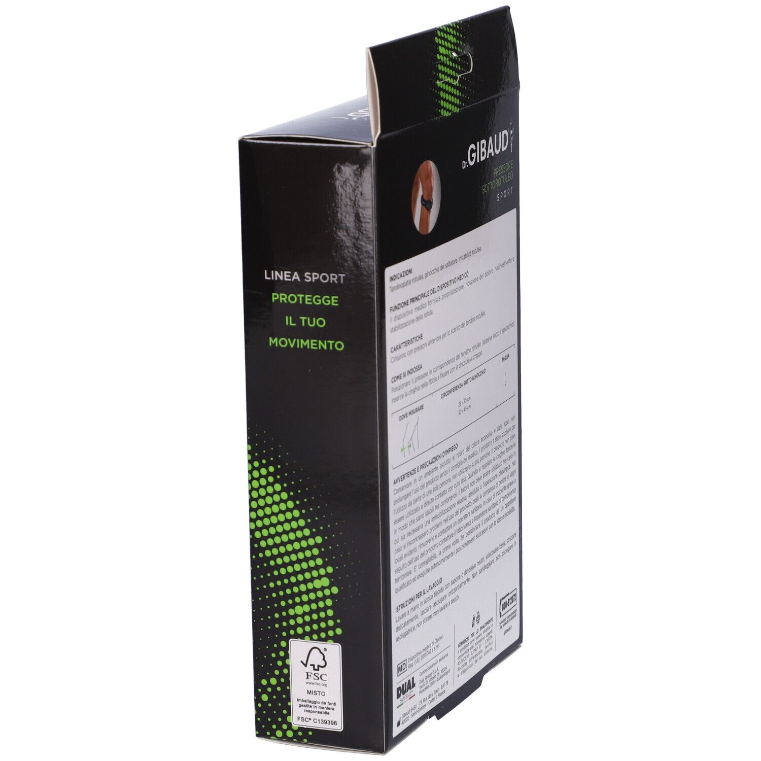 Seitenansicht der Verpackung von Dr. Gibaud Pressore Sottorotuleo Sport. Text und FSC-Logo.