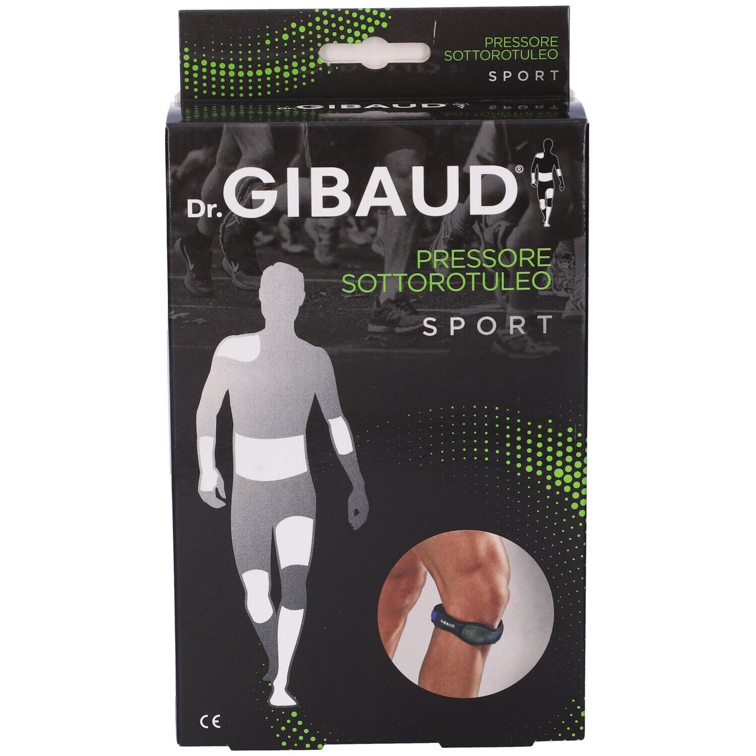Verpackung von Dr. Gibaud Pressore Sottorotuleo Sport. Schwarze Schachtel mit Produktabbildung und Logo. CE-Kennzeichnung.