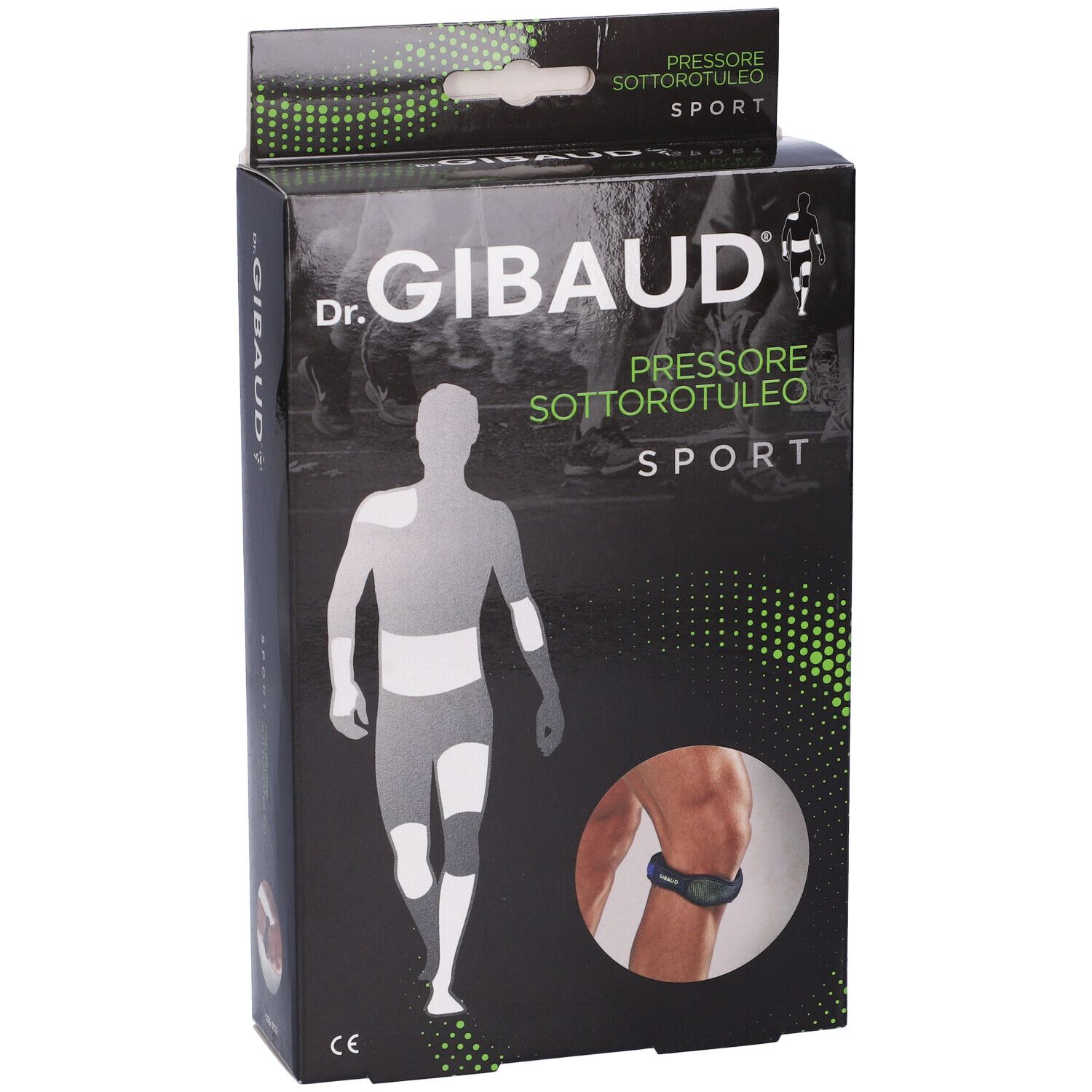 Verpackung von Dr. Gibaud Pressore Sottorotuleo Sport. Schwarze Schachtel mit Produktabbildung und Logo. CE-Kennzeichnung.