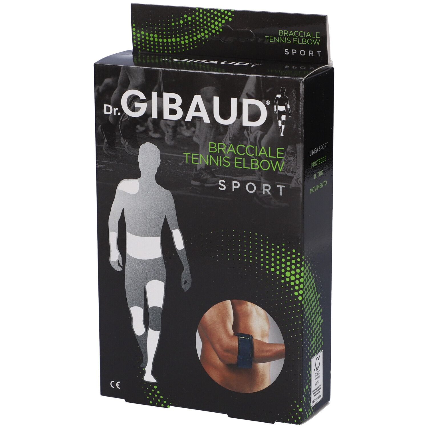 Scatola nera Dr. Gibaud Bracciale Tennis Elbow Sport. Immagine del prodotto e logo. Marchio CE.