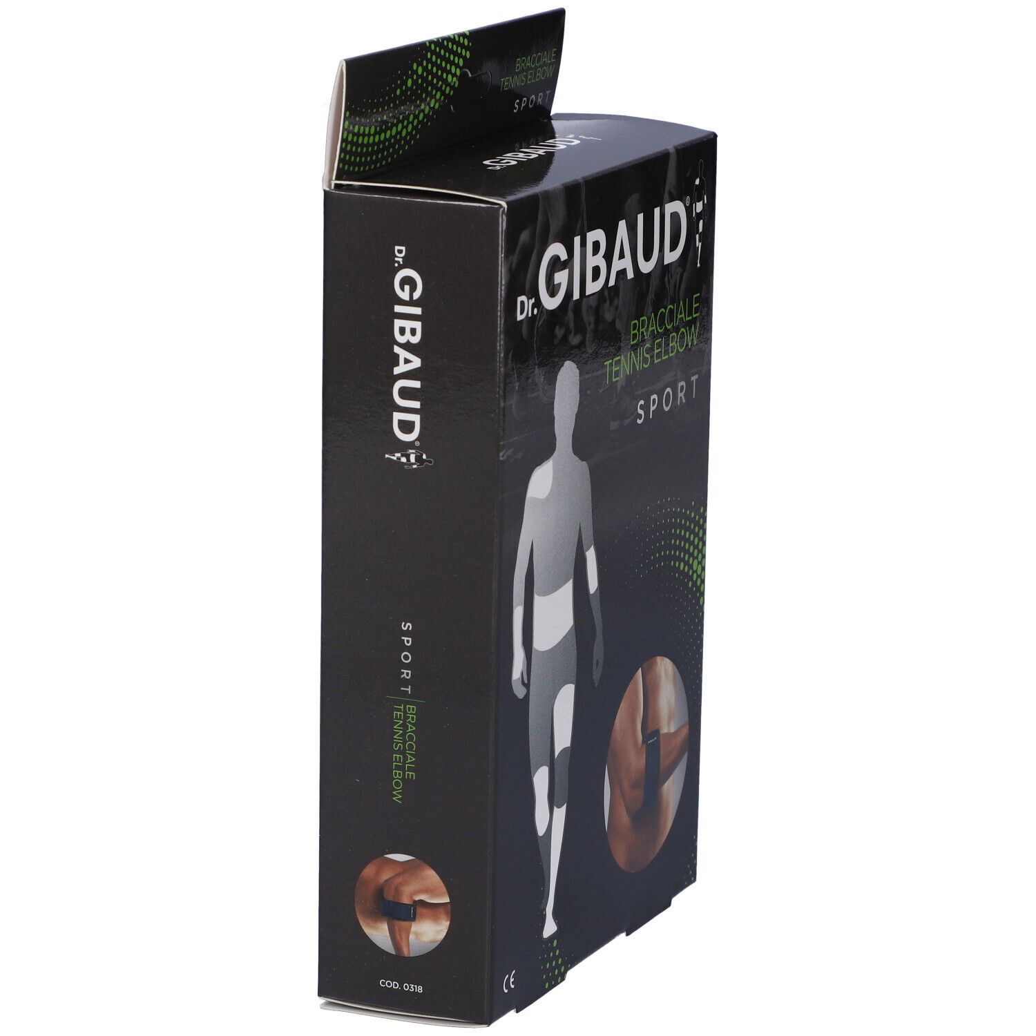 Vista laterale della confezione Dr. Gibaud Bracciale Tennis Elbow Sport. Scatola nera con logo e nome del prodotto.