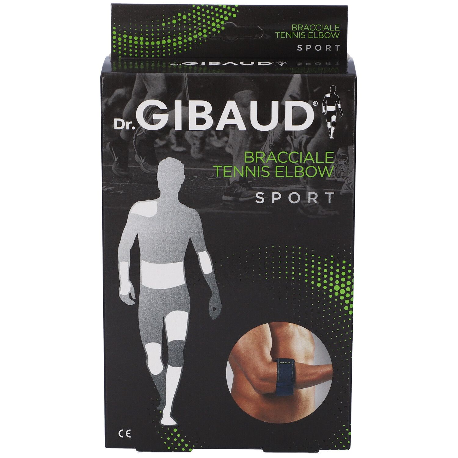 Vista frontale della confezione Dr. Gibaud Bracciale Tennis Elbow Sport. Scatola nera con immagine e logo. Marchio CE.