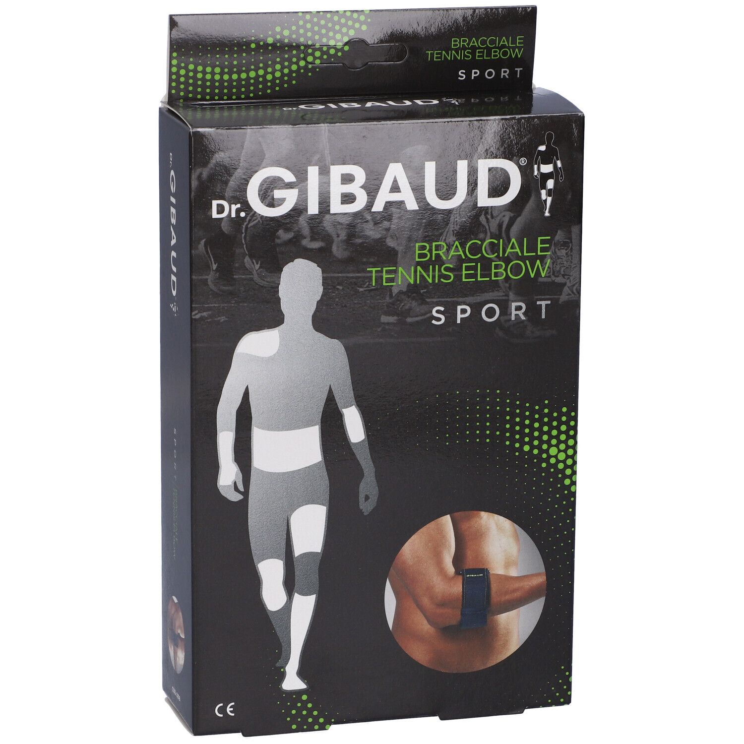 Vista frontale della confezione Dr. Gibaud Bracciale Tennis Elbow Sport. Scatola nera con immagine e logo. Marchio CE.