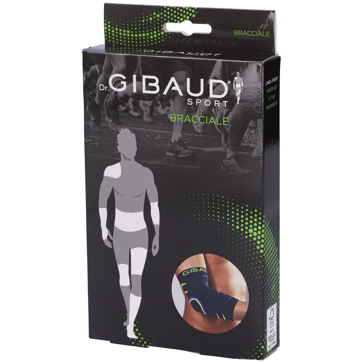 Confezione di Bracciale Dr. Gibaud Sport. Scatola nera con immagine del prodotto e logo. Accenti verdi e bianchi.