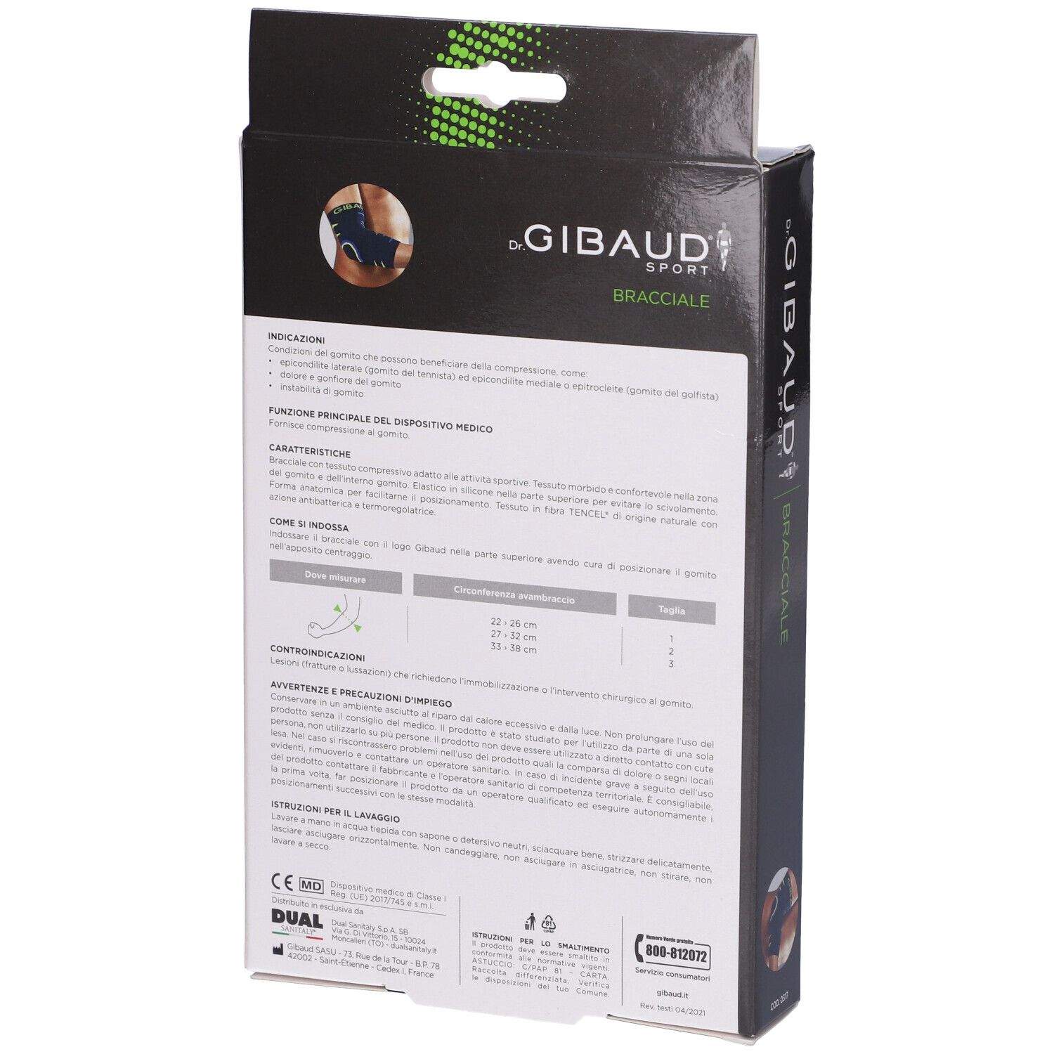 Retro della confezione di Bracciale Dr. Gibaud Sport. Informazioni testuali, immagine del prodotto e loghi.