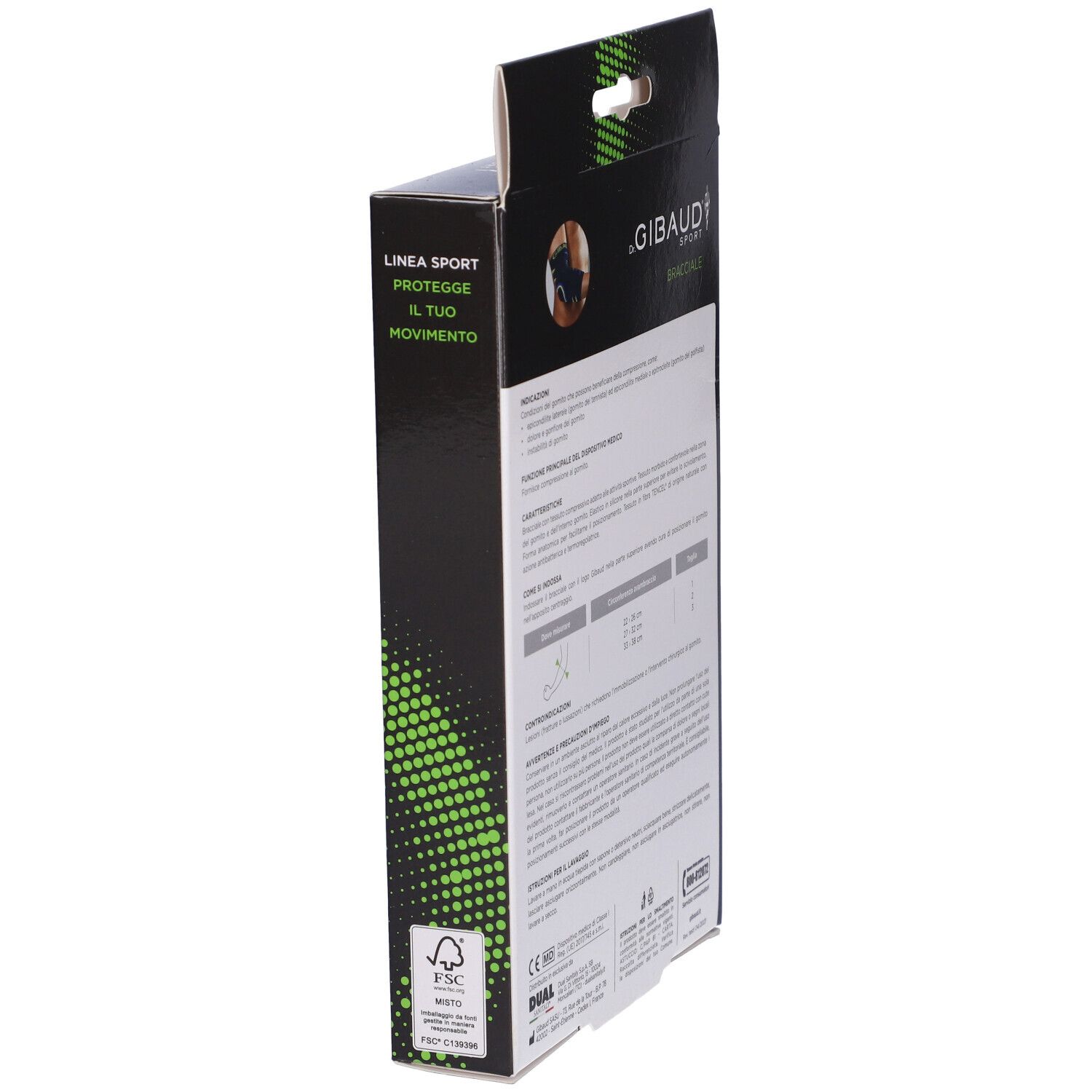 Vista laterale della confezione di Bracciale Dr. Gibaud Sport. Testo, loghi e accenti verdi.